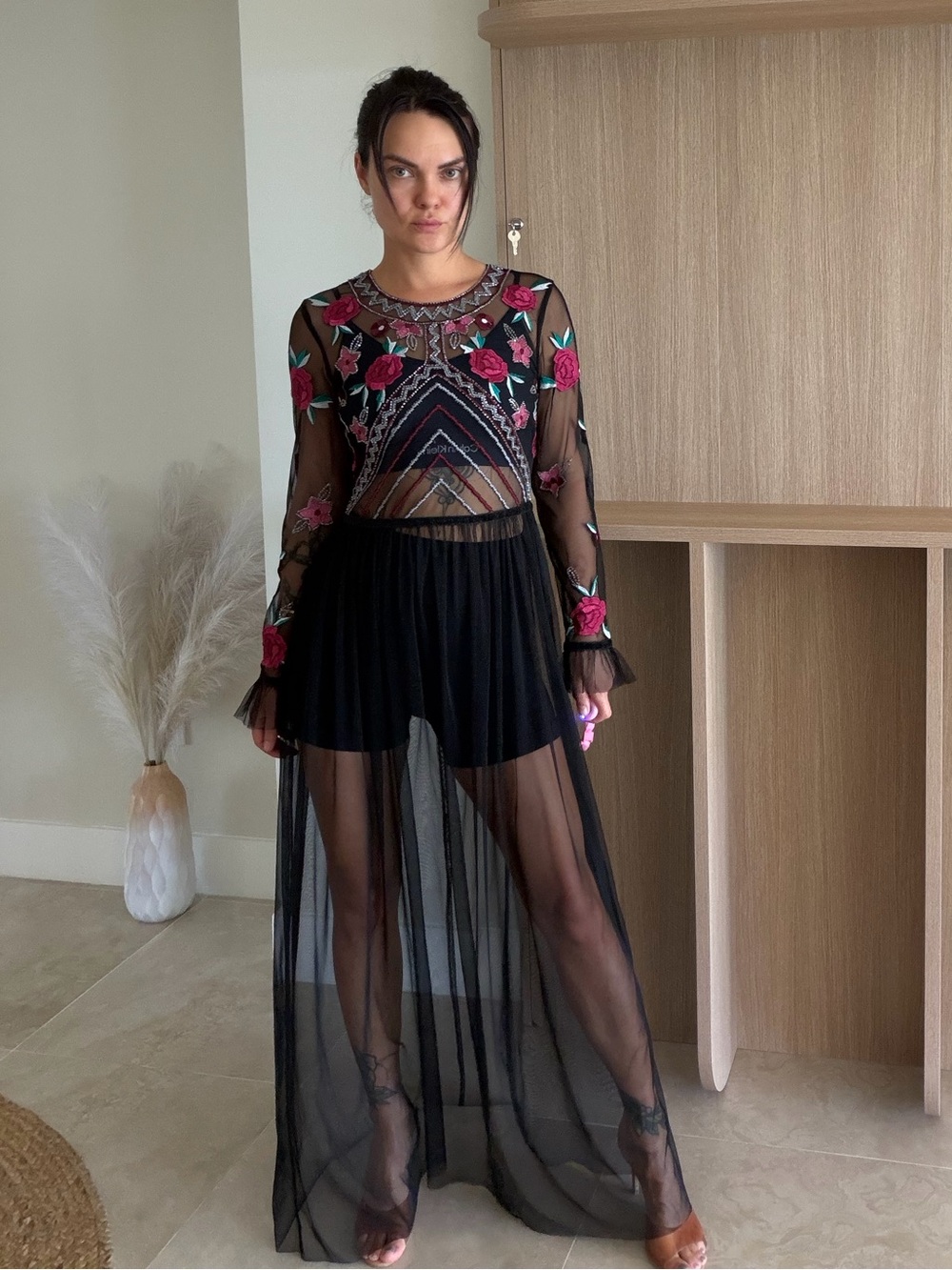 Frock and Frill Embroidered Mesh Top in Black and Burgundy